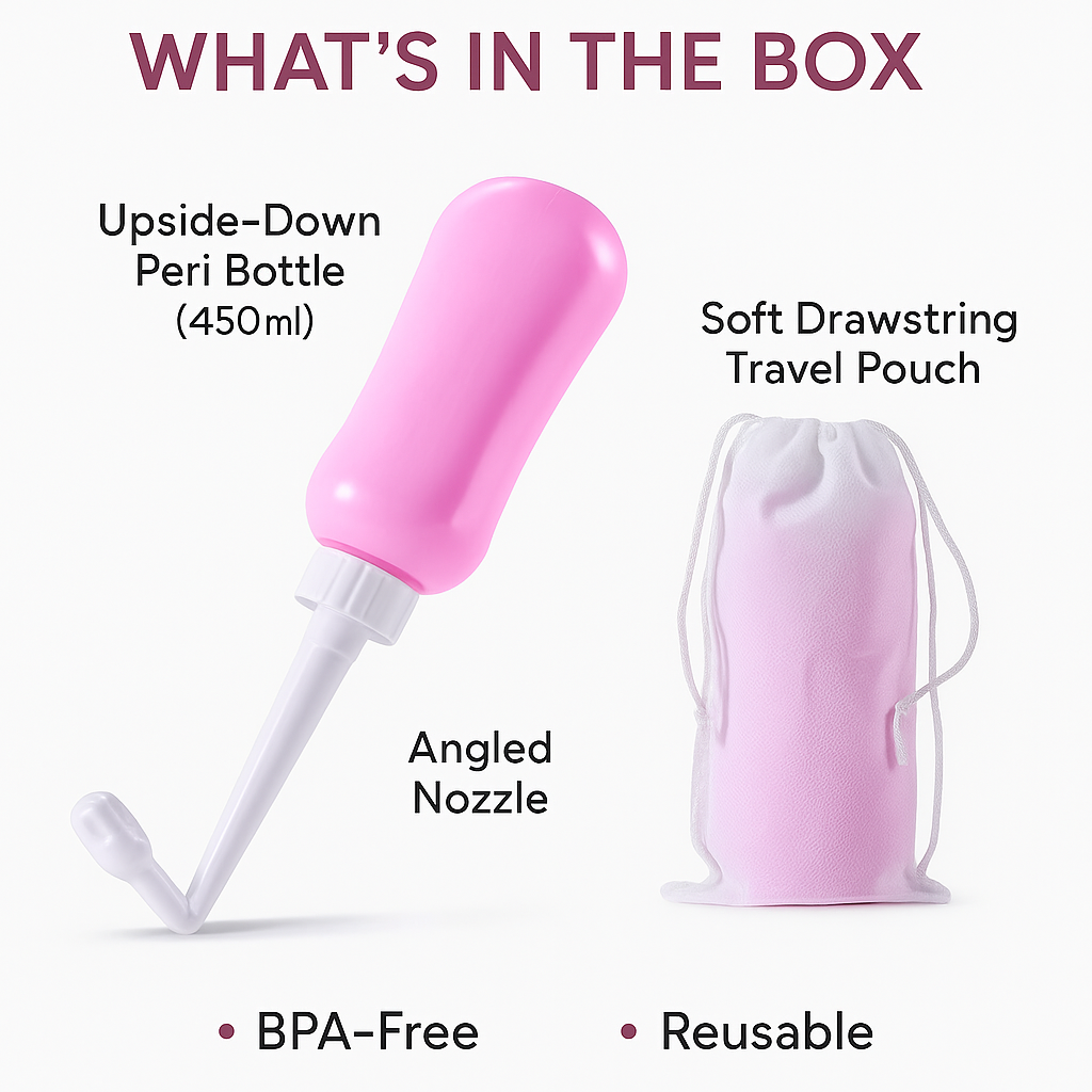 Upside‑Down Peri Bottle 450 ml – Angled Nozzle + Travel Bag – Postpartum/Menstrual/Elderly Care